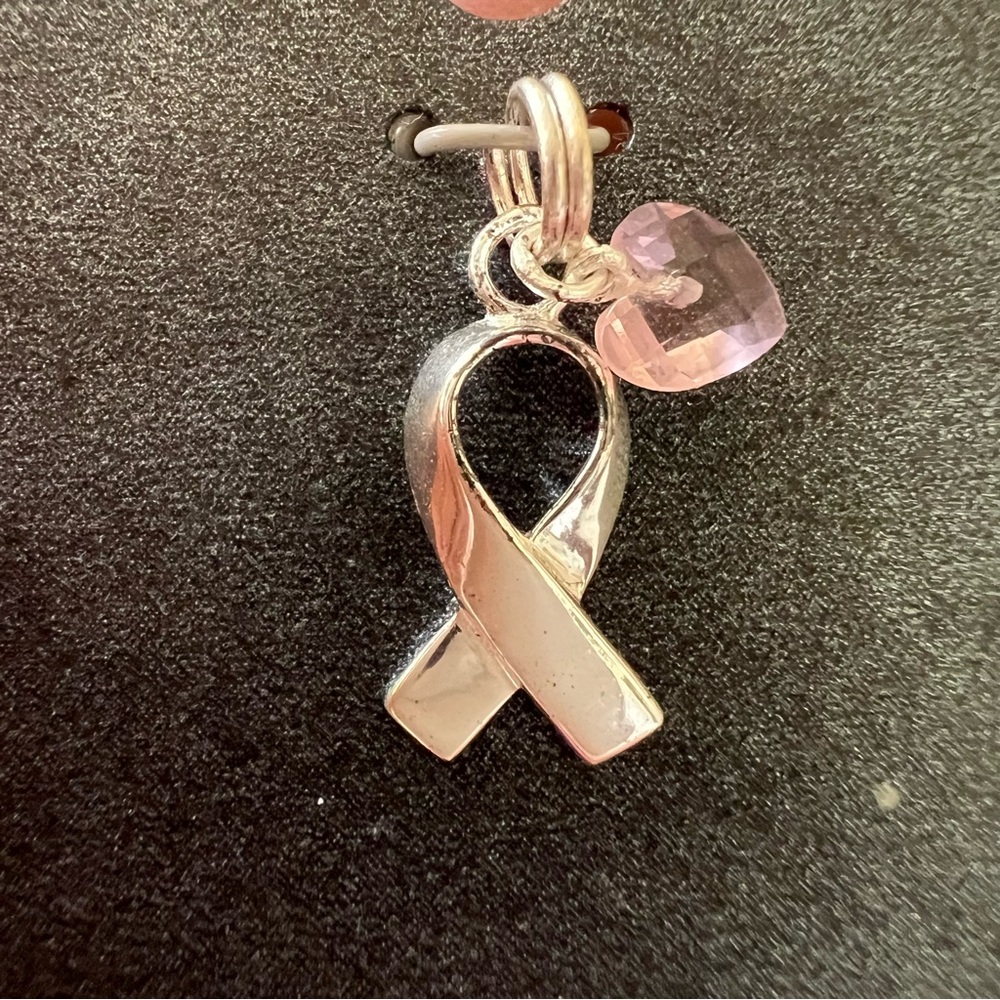 Sterling Silver Ribbon Charm  with Pink crystal Heart